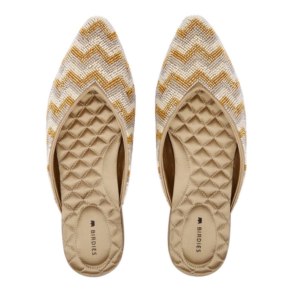 Birdies The Swan champagne beaded chevron mules